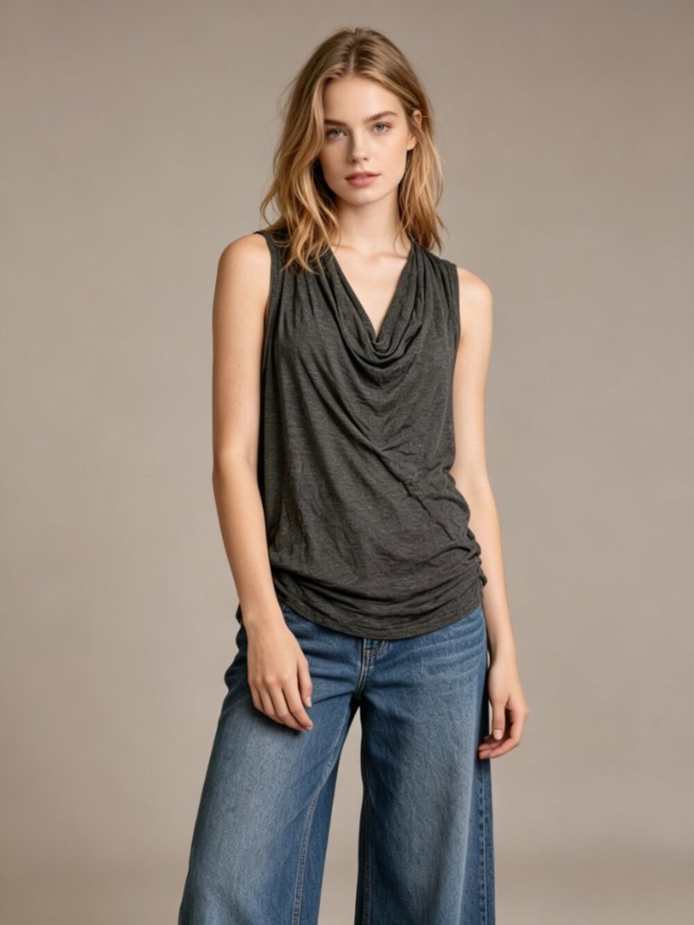 NWOT JOHNNY WAS Cowl Neck Sleeveless Tunic Grey Tee Top Long T-Shirt Size S